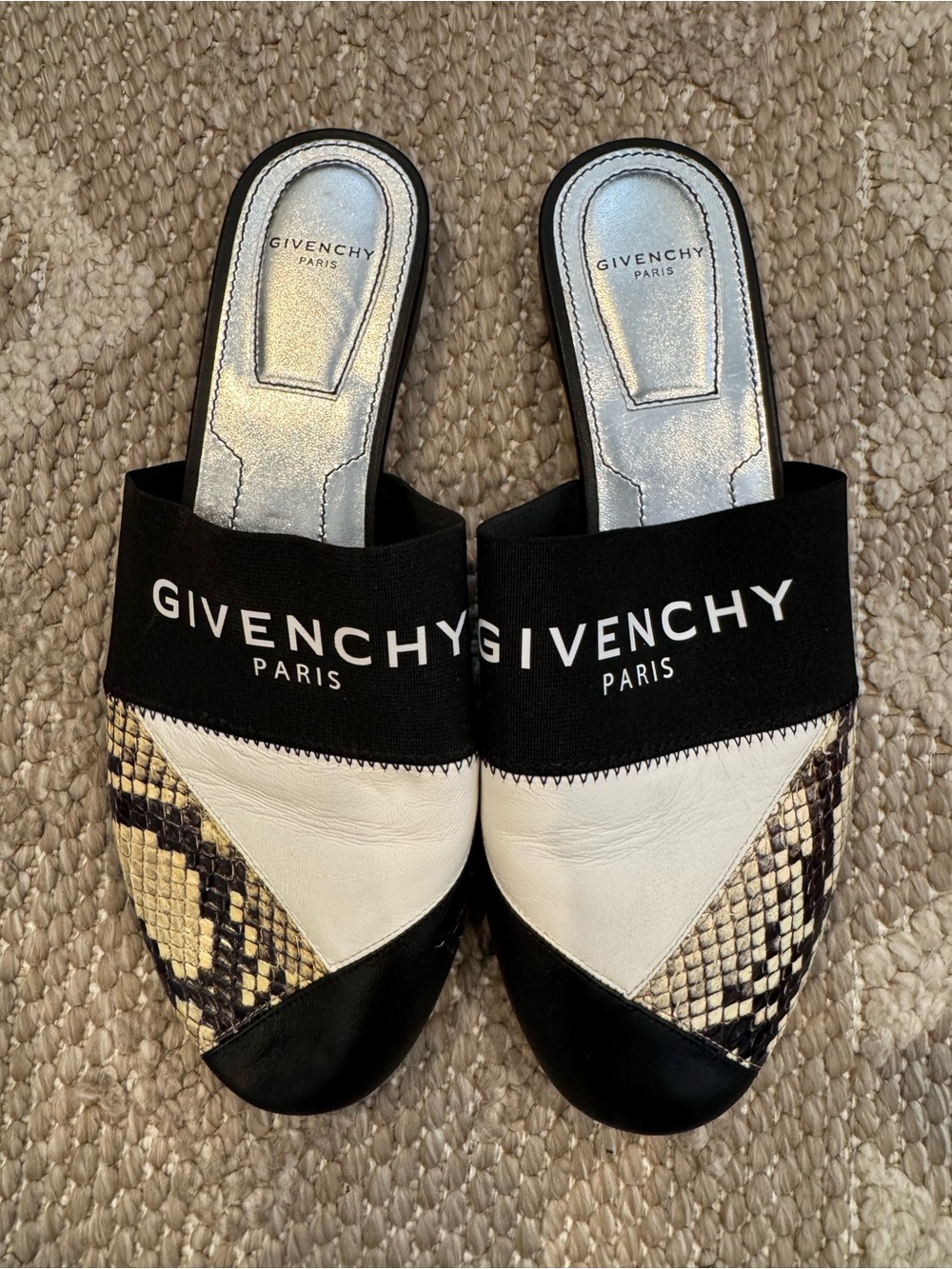 Givenchy Paris Logo Leather Snake Print Mules Slides EU 36